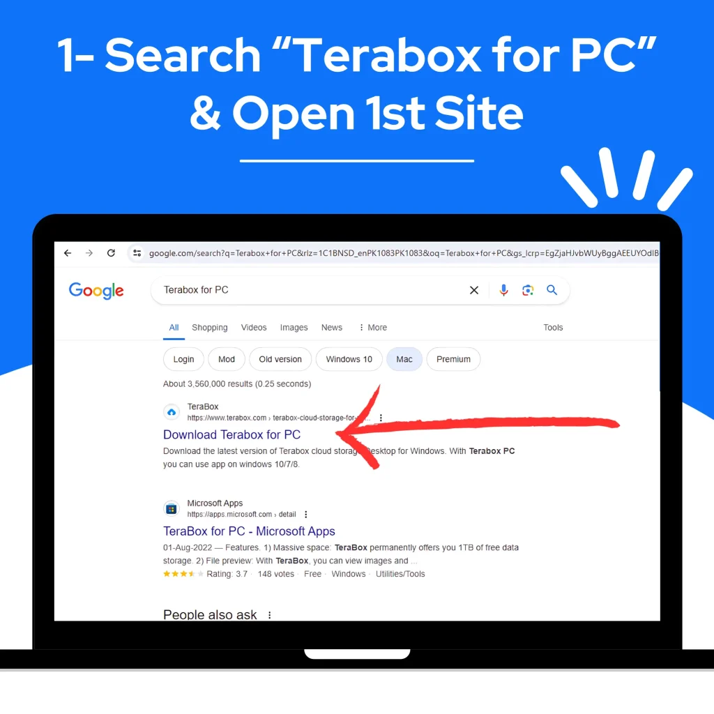 1- Search Terabox for PC & Open 1st Site